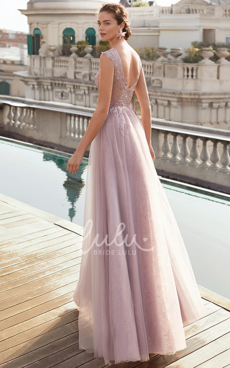 Formal Tulle A-Line Dress with V-Neckline and Appliques