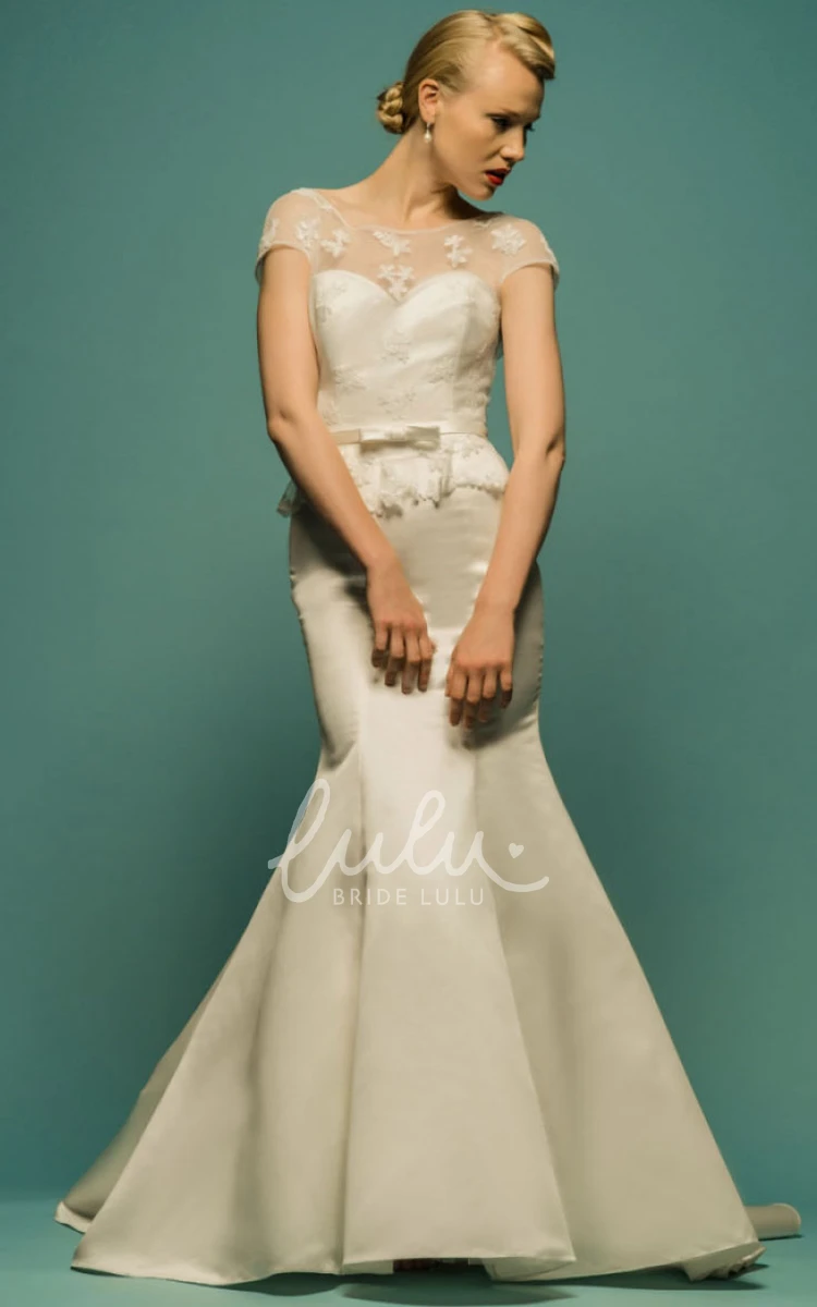 Mermaid Maxi Satin Wedding Dress with Peplum and Short Sleeves