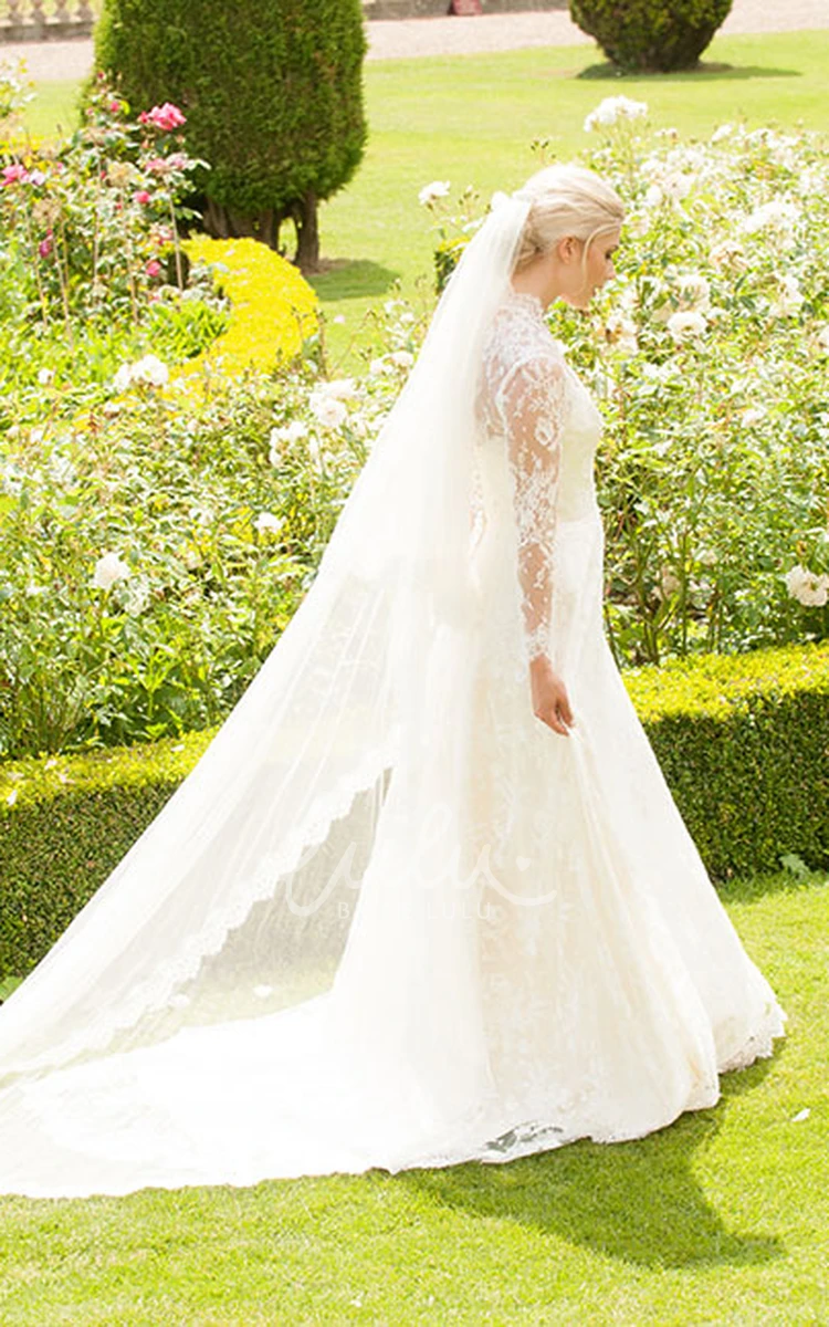 Appliqued Lace Wedding Dress with Long Sleeves Strapless Floor-Length