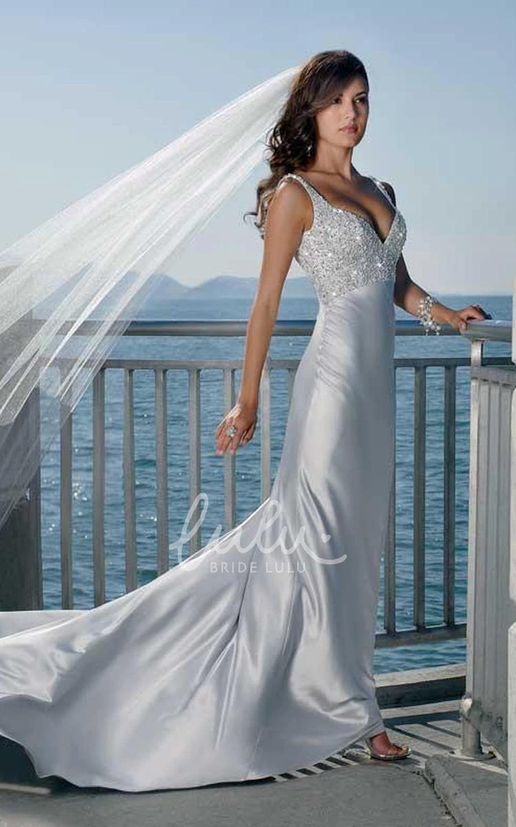 Spaghetti Straps V-Neck Sheath Column Wedding Dress in Elastic Woven Satin