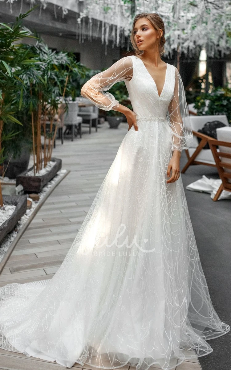 Organza V-neck A Line Wedding Dress with Ruching Modern and Elegant