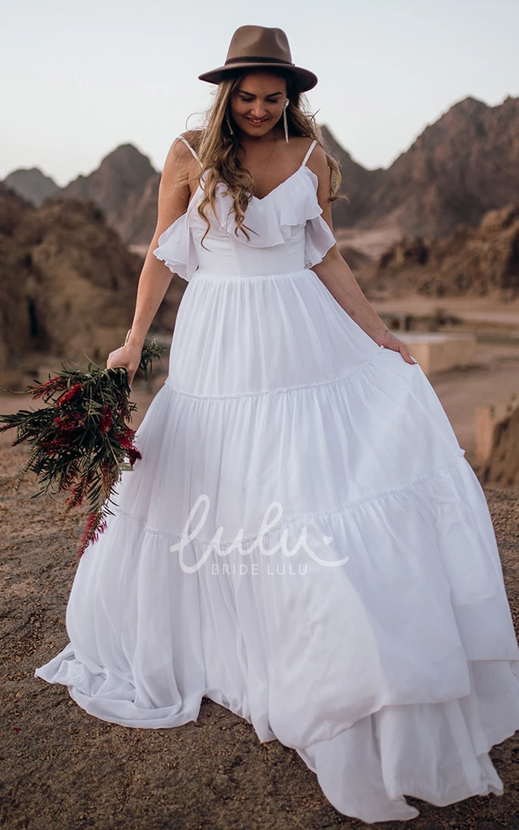 Country Spaghetti Chiffon A-Line Wedding Dress with Open Back