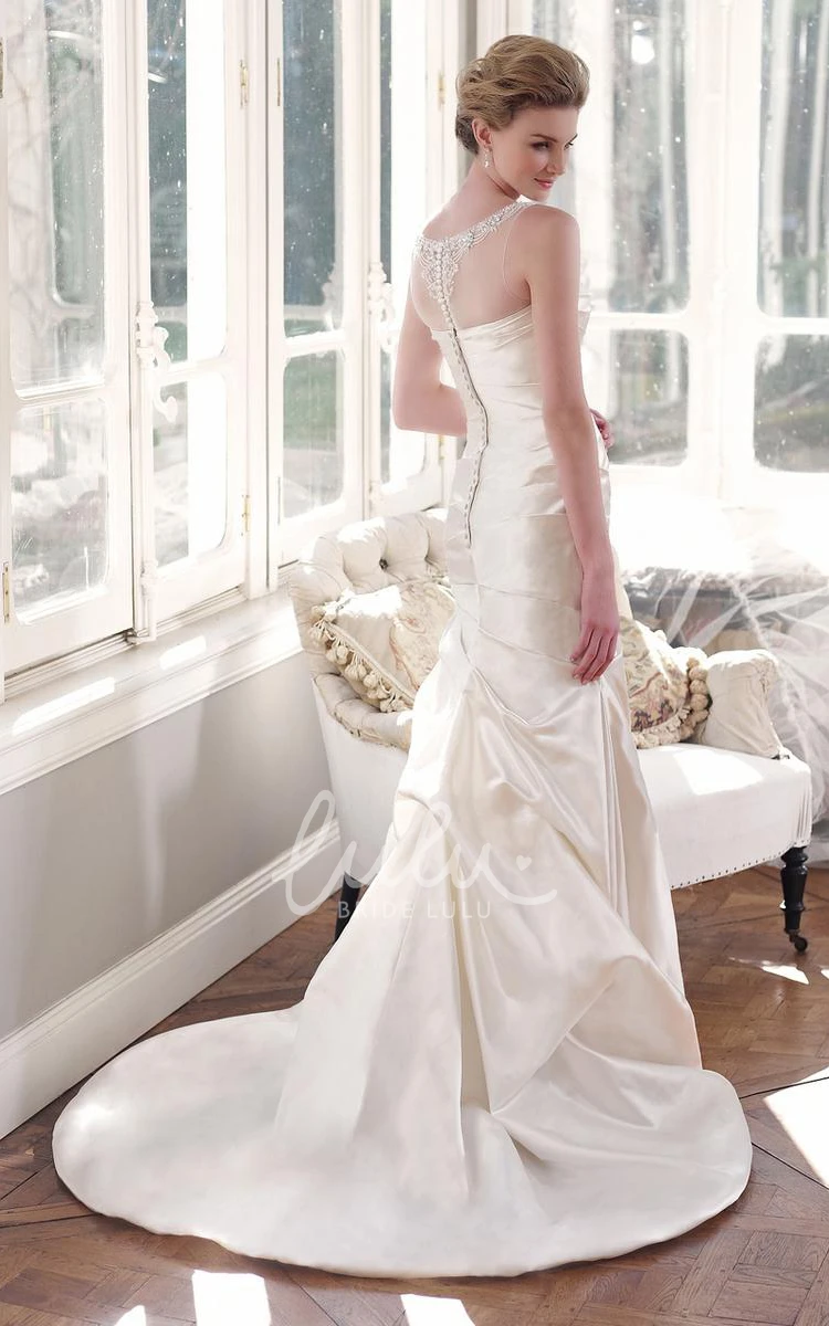 Satin A-Line Wedding Dress Beaded Strapless Floor-Length with Pick Up and Illusion Back