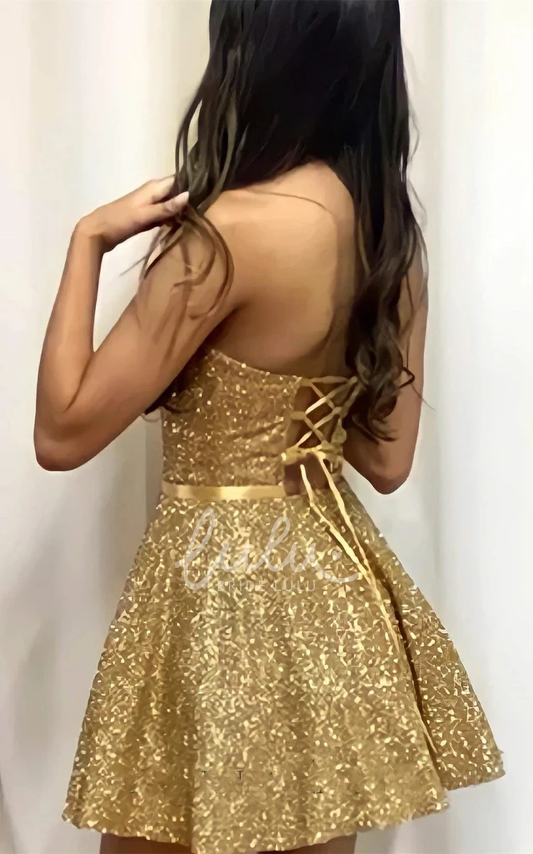 Sparkly Glitter Sequins Short A-Line Sleeveless Strapless Mini Homecoming Dress Cute Unique Corset Back Gold Prom Gown with Ribbon