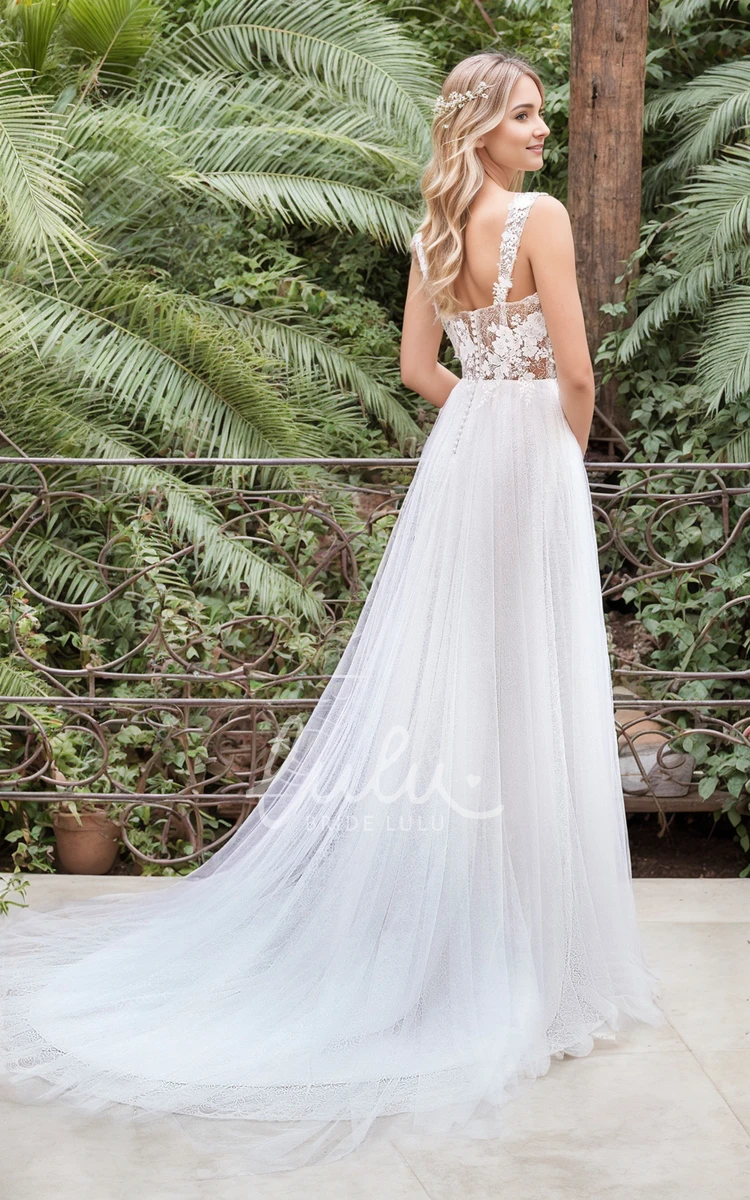 Whimsical Summer A-Line Boho Lace Square Neckline Wedding Dress Modern Floral Wide Spaghetti Strap Flower Appliques Floor Length Bridal Gown with Train