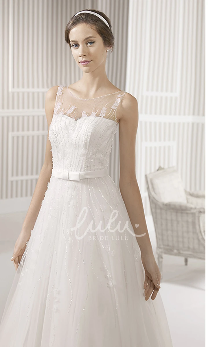 Appliqued Sleeveless A-Line Wedding Dress with Floor-Length Tulle & Satin