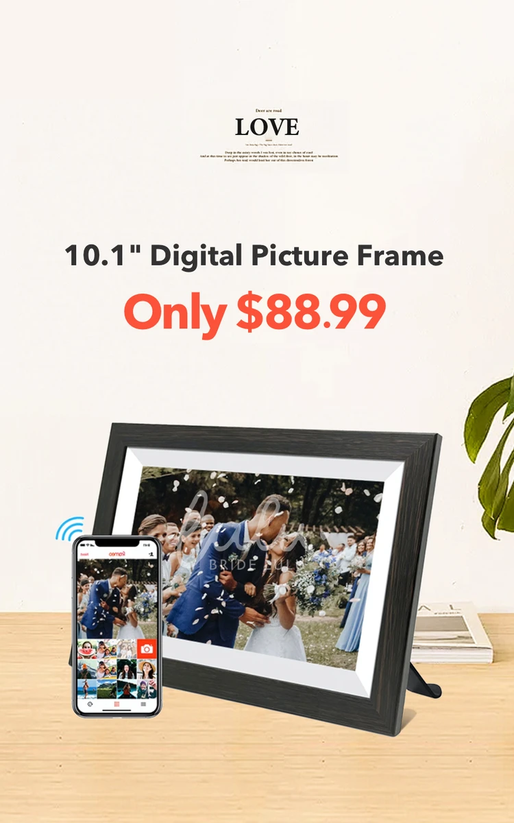 10.1'' Smart Wifi Wooden Digital Picture Frame for Wedding Memory Showcase 32 GB Auto-Rotate Display for Wall or Desk Instant and Private Picture-Sharing