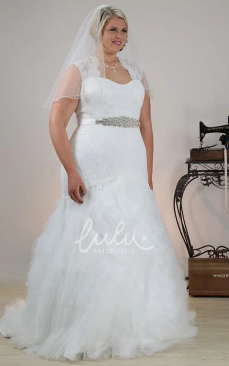 Plus Size Mermaid Wedding Dress with Jeweled Queen Anne Neckline and Ruffles
