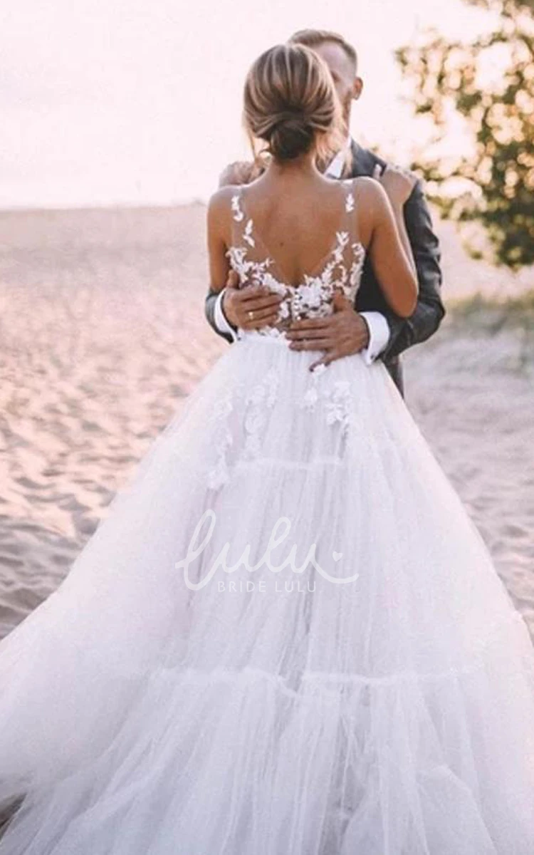 Lace Tulle V-Neck Ball Gown Wedding Dress with Appliques Casual Wedding Dress