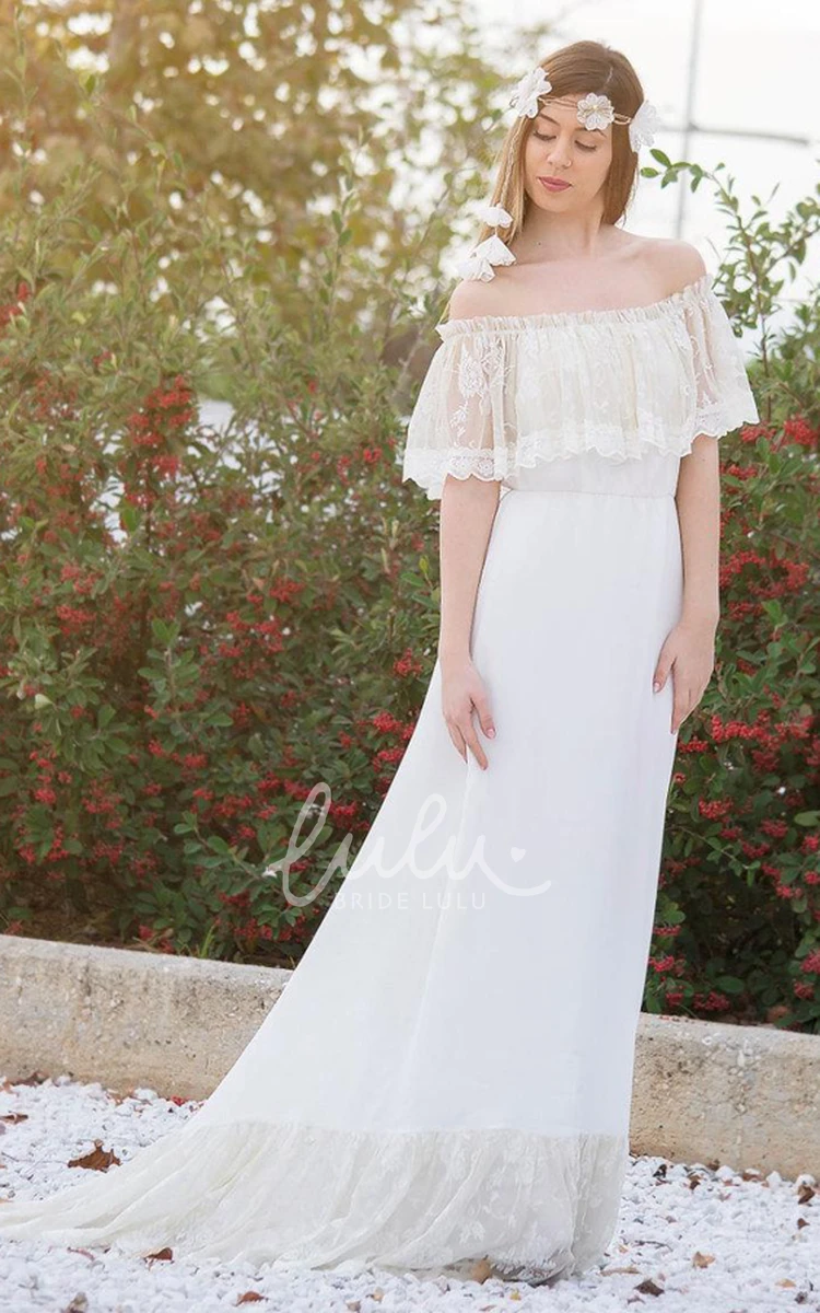 Off-Shoulder Boho Lace Chiffon Wedding Dress with Sweep Train