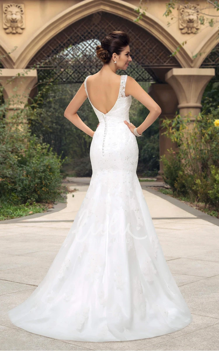 Mermaid Bridal Gown V-neck Lace Appliqued Sleeveless Open Back Bridal Gown