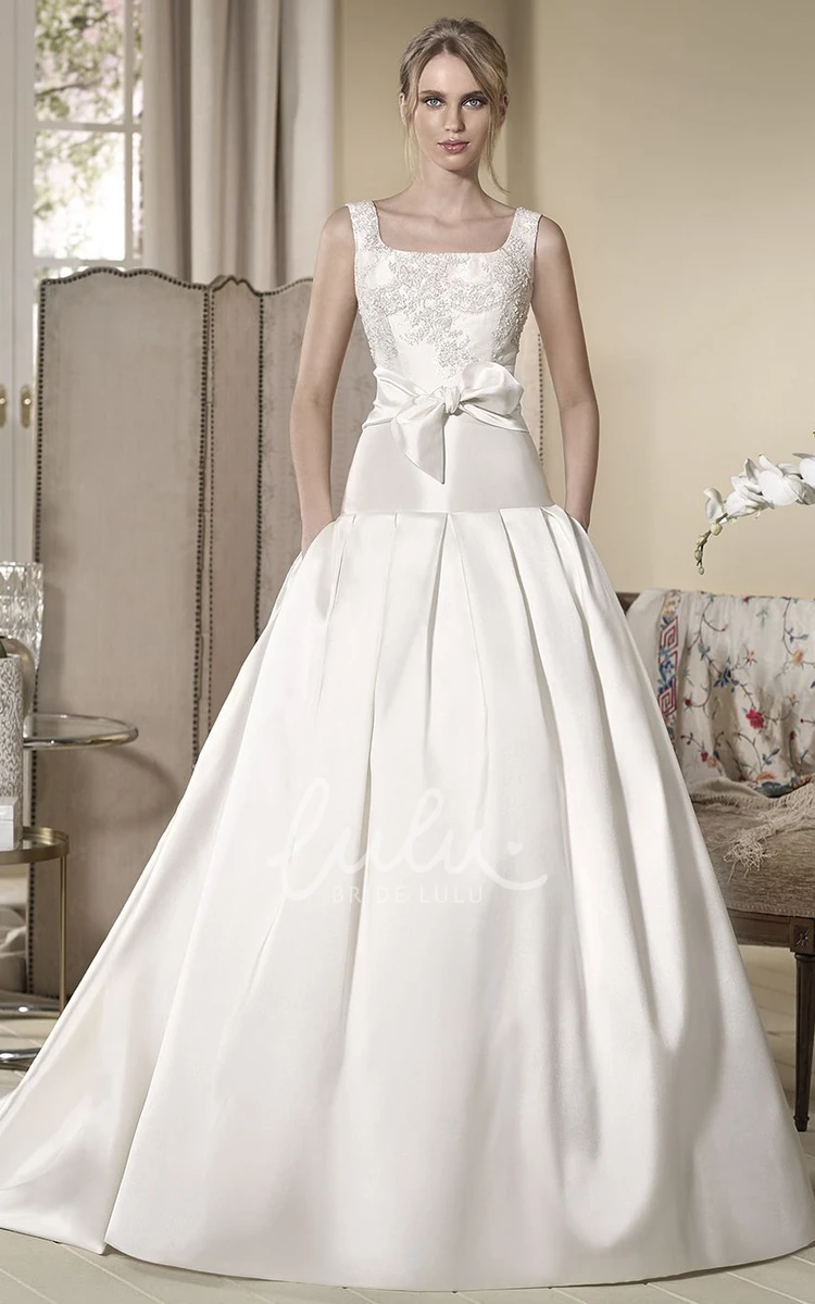 Appliqued Satin Wedding Dress with Bow Sleeveless Ball Gown