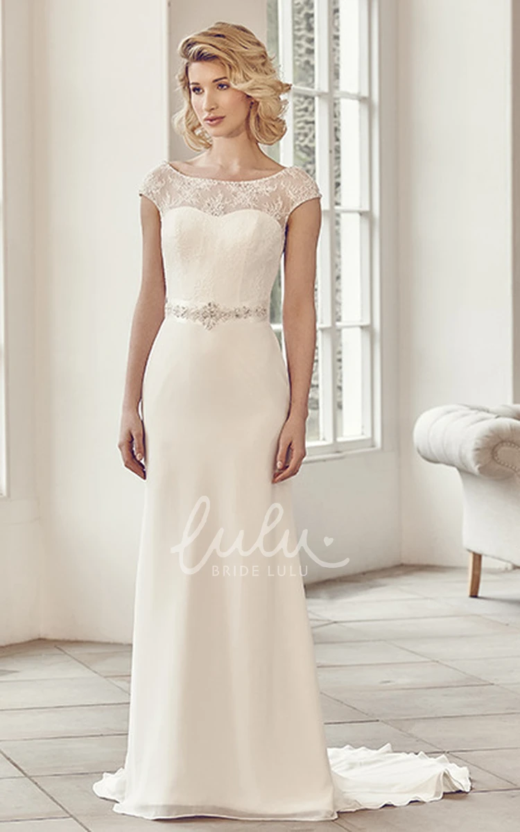 Chiffon Appliqued Bateau Wedding Dress with V Back Long Sweep Train