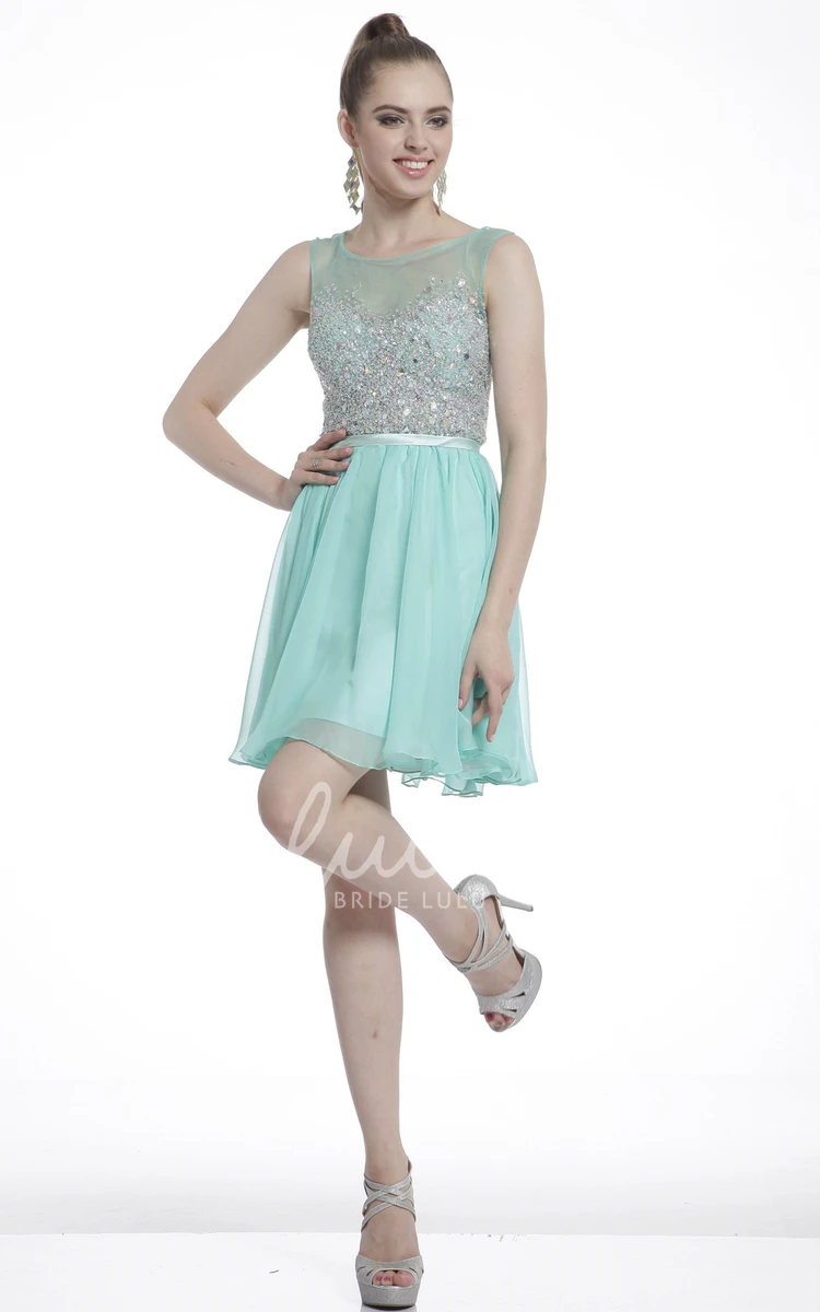 Sleeveless Scoop-Neck A-Line Chiffon Dress with Beading for Prom