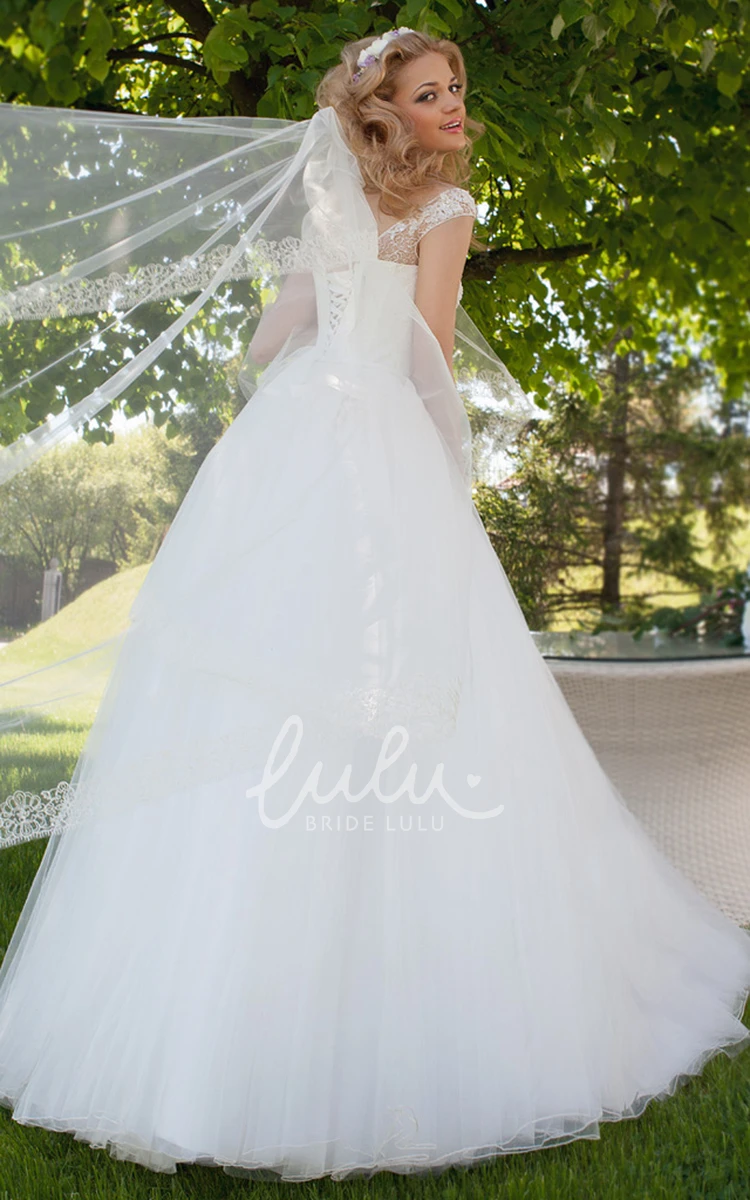 Cap-Sleeve Scoop-Neck Tulle Ball Gown Wedding Dress with Appliques and Corset Back Unique Bridal Gown