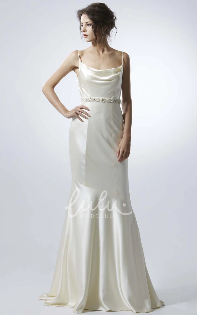 Jeweled Satin Spaghetti Wedding Dress with Brush Train and V Back Glamorous Floor-Length Style
