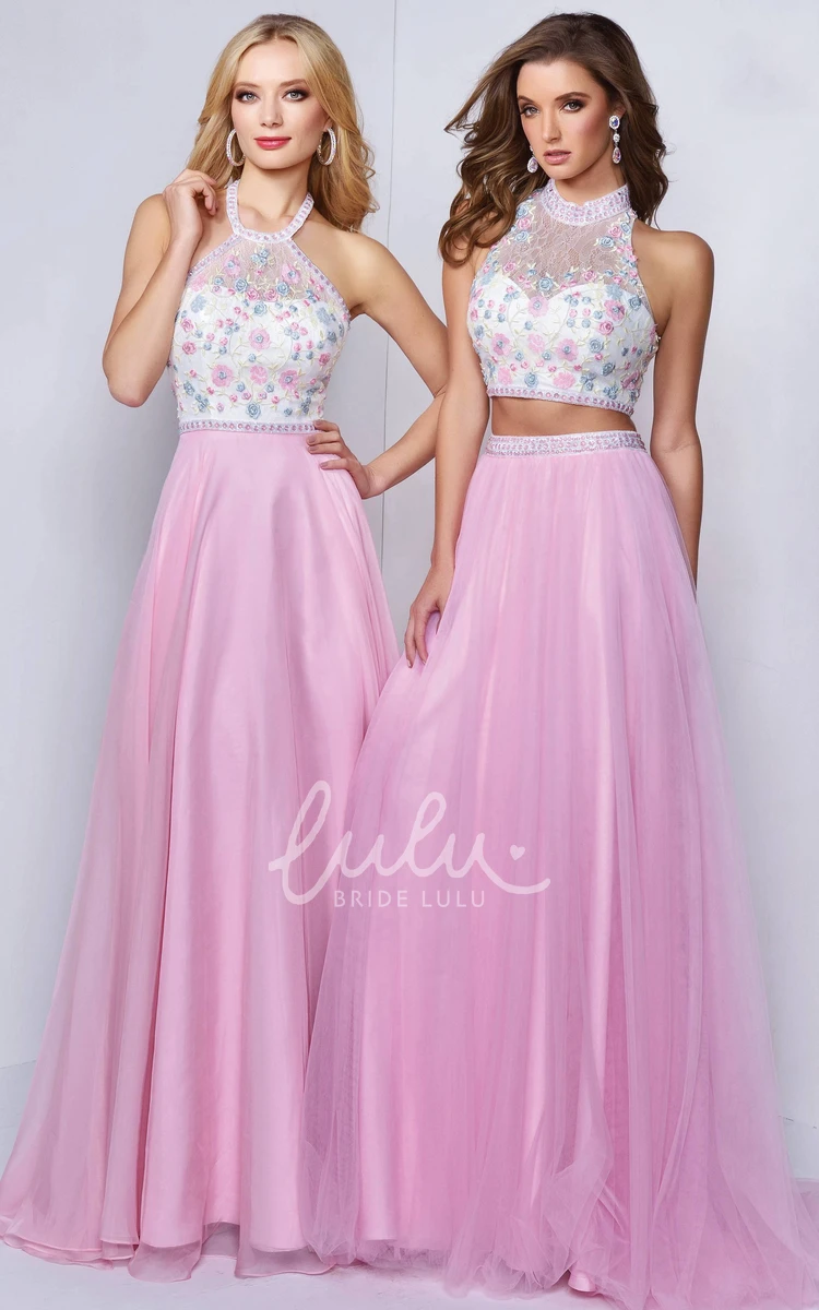 Jewel-Neck Illusion A-Line Formal Dress with Appliques and Flower