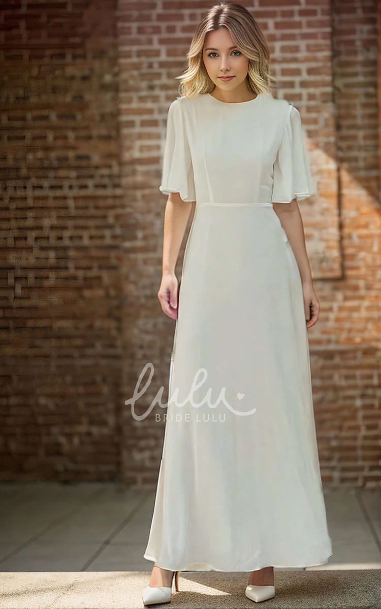 Solid Simple Flutter Sleeves Jewel Neck A-Line Bride Wedding Dress with Sash Reception