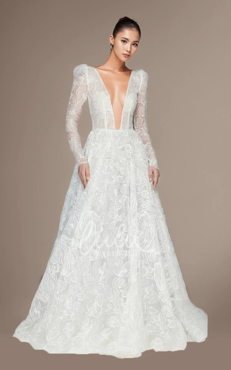 A-Line Plunging V-Neck Long Sleeve Lace Wedding Dress Vintage Floor-length Illusion Back Bridal Gown
