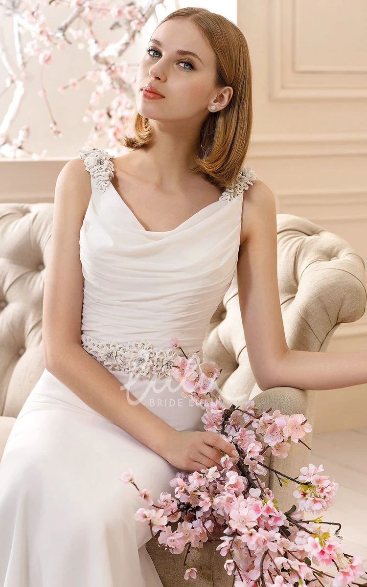 Floral Chiffon Cowl-Neck Wedding Dress with Beading Sleeveless
