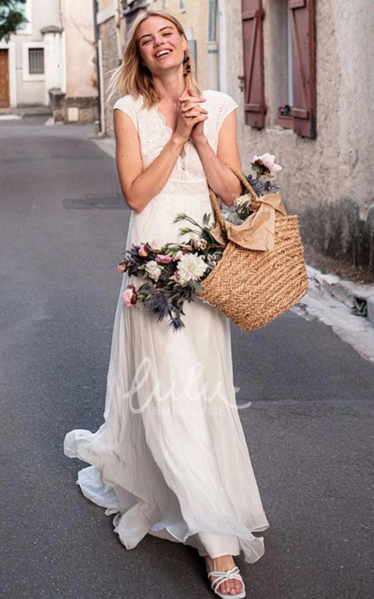 Boho V-neck Chiffon Lace Wedding Dress with Short Sleeves and Low-V Back Beach Wedding Dress