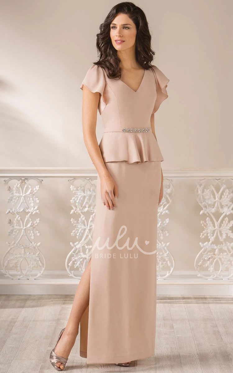 Ruffled V-Neck Mother of the Bride Dress with Cap-Sleeves and Side Slit