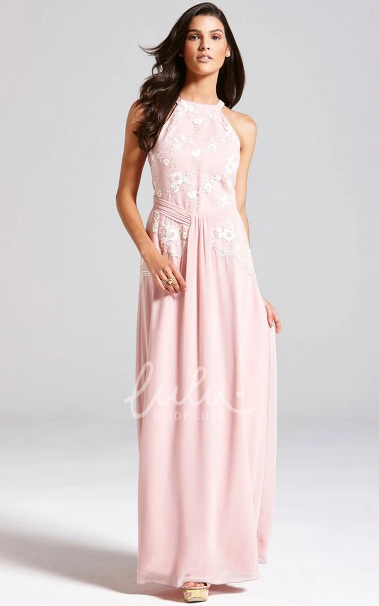 Floral High Neck Chiffon Bridesmaid Dress in Floor-Length