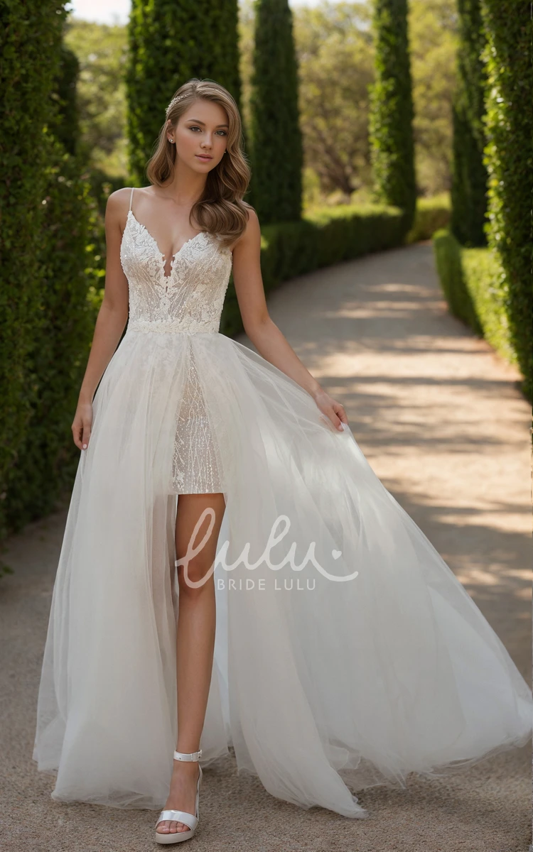 Elegant Sexy Two Piece A-Line Floor-length Tulle Flower Lace Spaghetti Wedding Dress Ethereal Adorable Plunging Neckline Mini Bodycon Sleeveless Appliques Bridal Gown with Button Deep-V Back