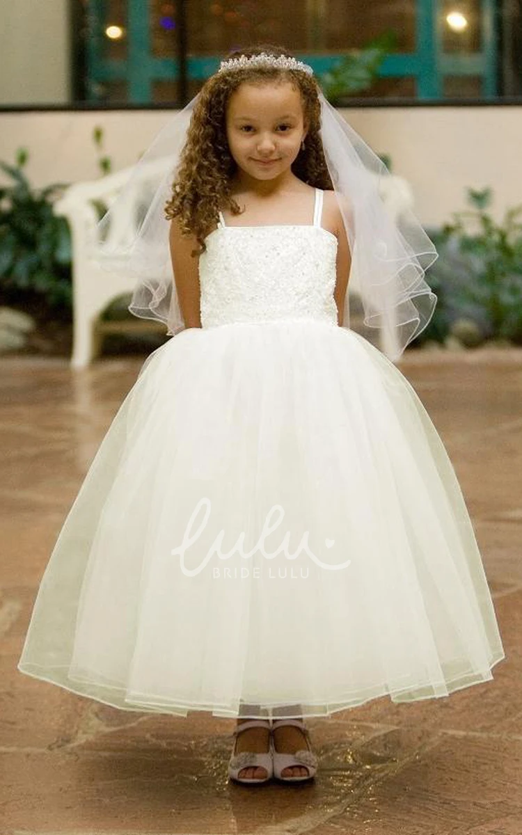 Tulle & Lace Spaghetti Strap Flower Girl Dress with Tiered Skirt Bridesmaid Dress