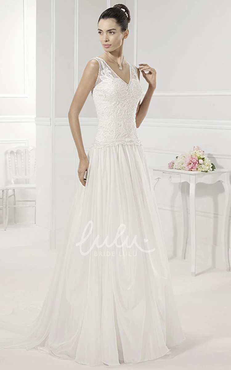 A-Line Drop Waist Wedding Dress with V-Neck Applique Bodice