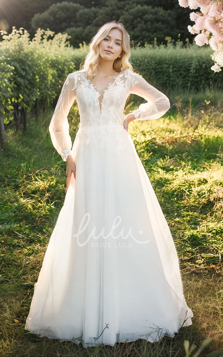 Flowers Lace Bohemian Ethereal A-Line Plunging Neckline Tulle Wedding Dress Romantic Garden Long Sleeve Floor-length Bridal Gown with Button V Back