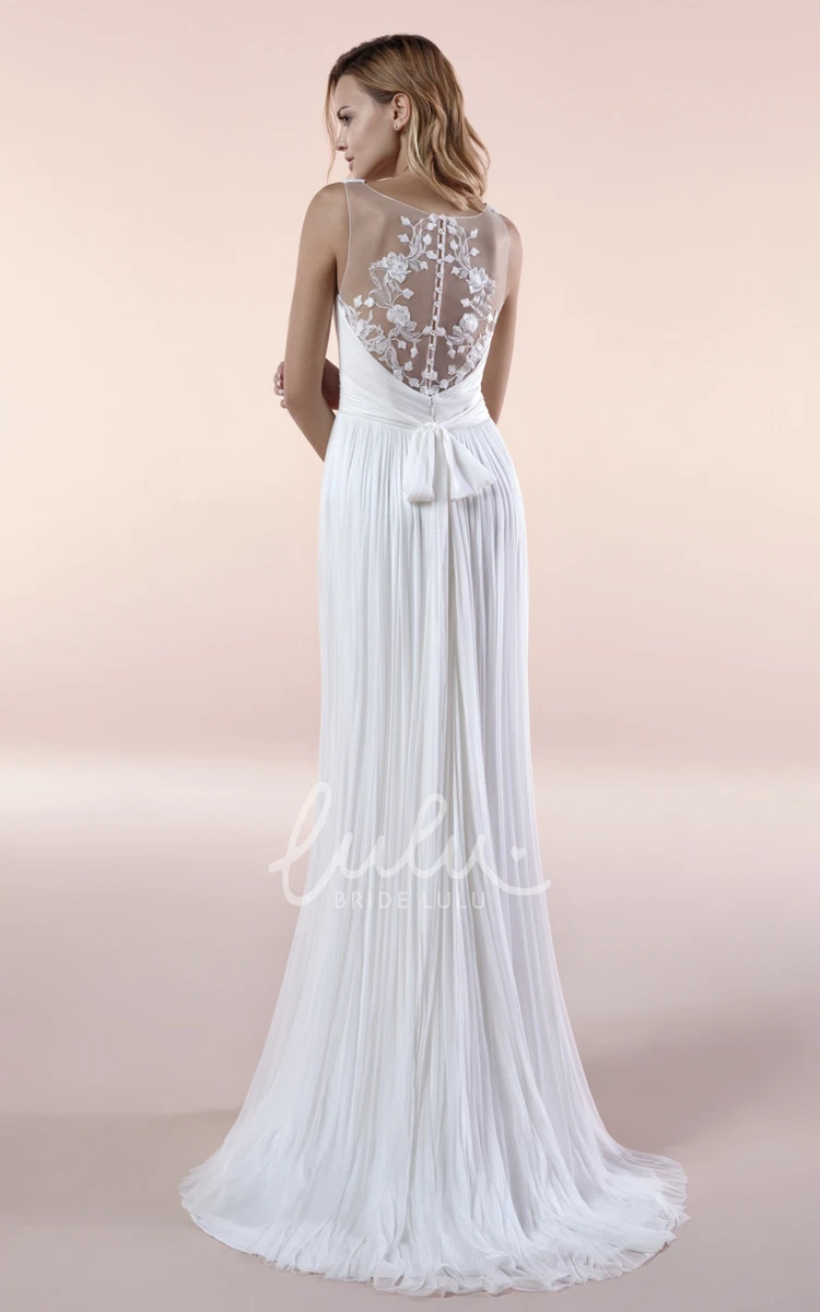 Sleeveless Chiffon Gown with Illusion Deep V-neck and Pleated Sash