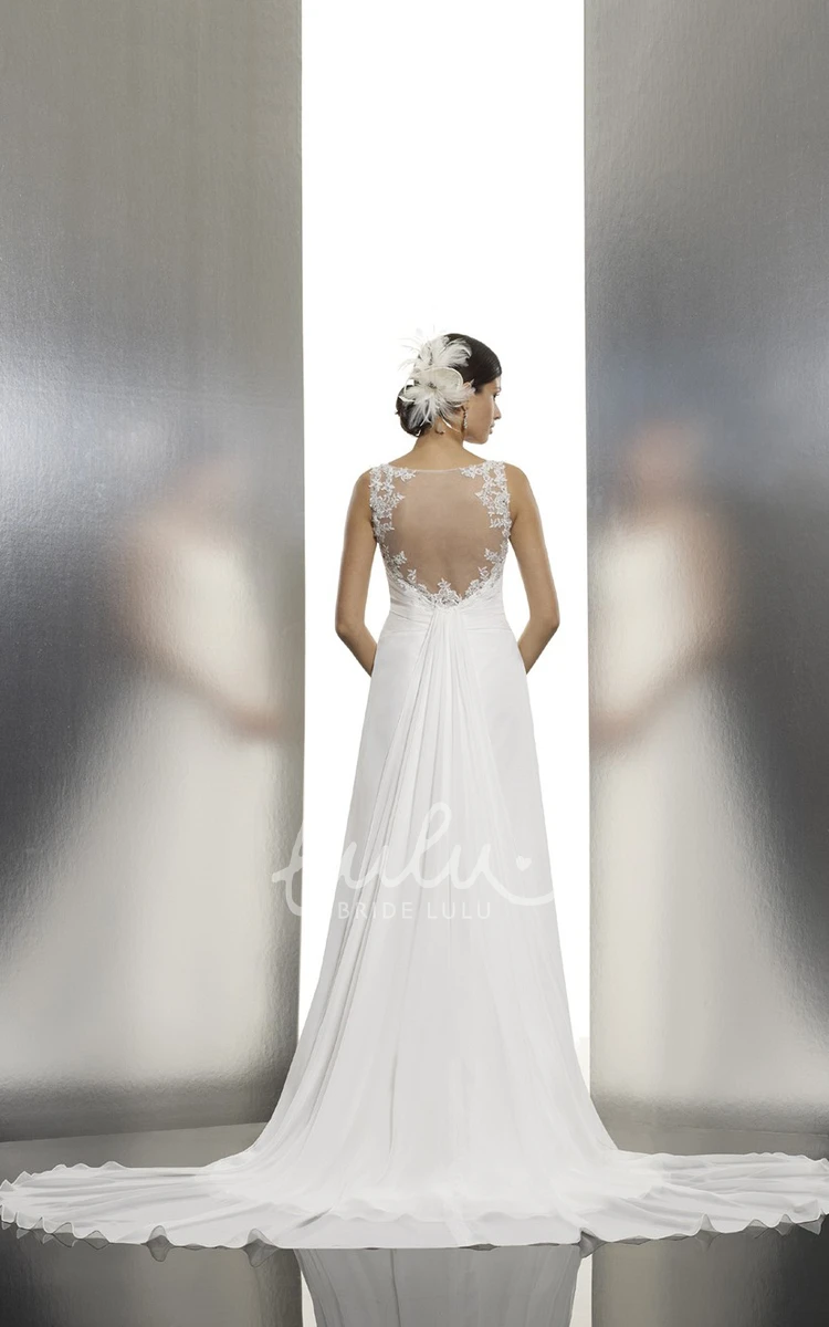 Ruched Chiffon Wedding Dress with Court Train and Illusion V-Neckline and Long Length