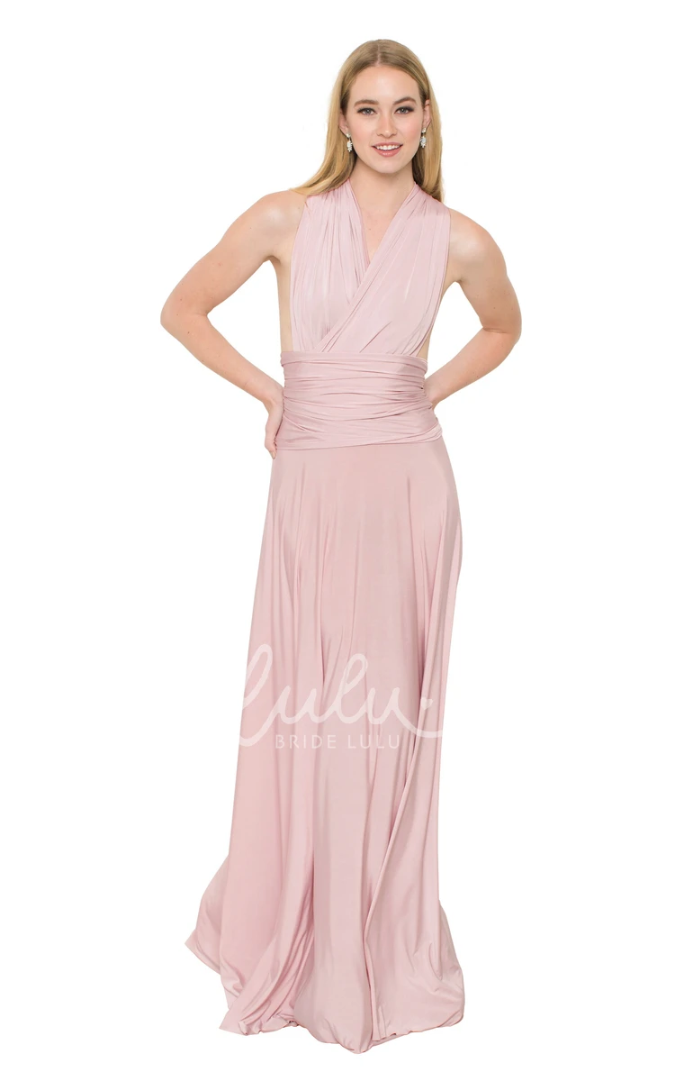 V-Neck Ruched Chiffon Bridesmaid Dress Floor-Length Sleeveless Convertible Multi-Color