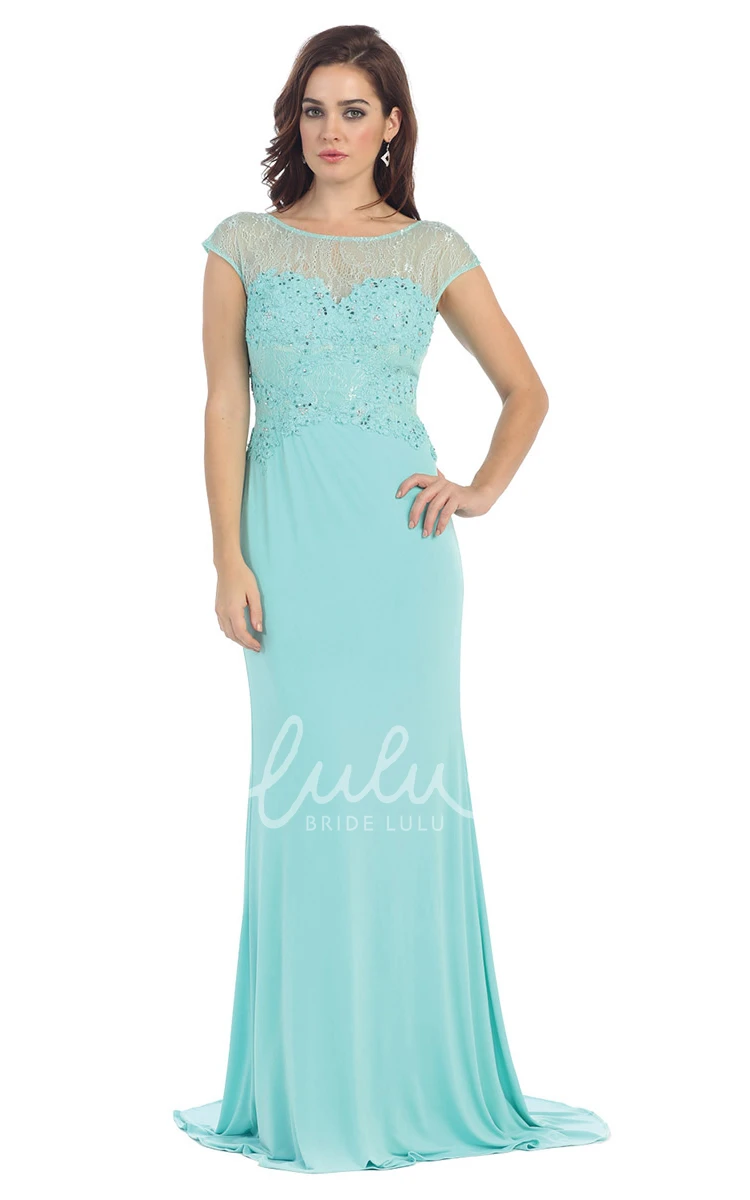 Sheath Jersey Low-V Back Dress with Lace and Appliques Simple Dress for Beach Formal