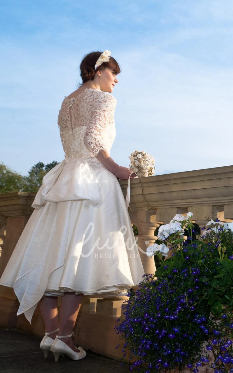 1950s Tea-Length Taffeta Wedding Dress High Neck Long Sleeve and Pleated A-Line