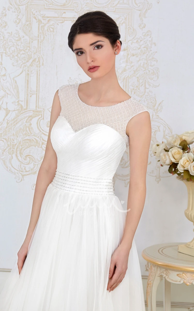 Beaded Tulle A-Line Wedding Dress with Scoop Neck and Criss-Cross Back Floor-Length Bridal Gown