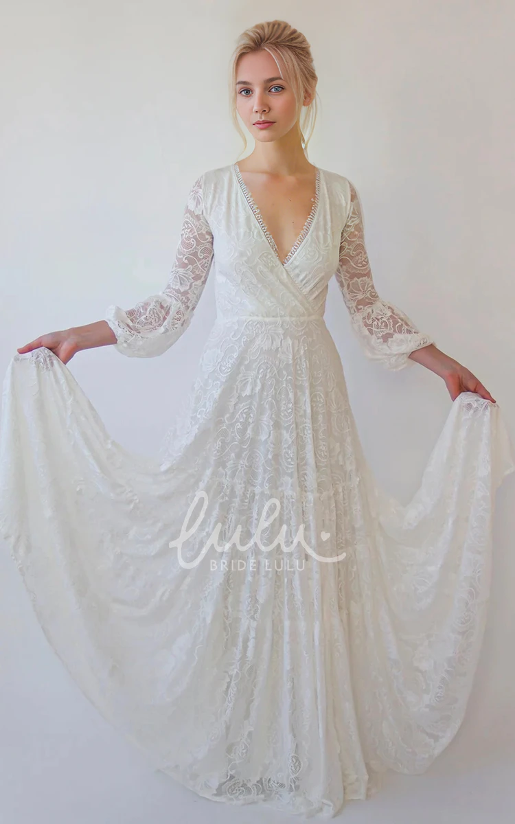 Deep V-Neck Simple Boho Informal Lace Long Sleeve Floor Length Wedding Dress