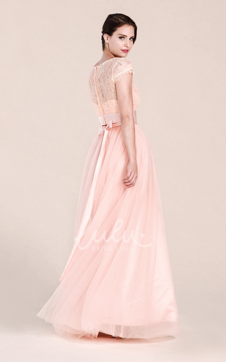 A-line Tulle Bridesmaid Dress with Cap Sleeves and Ribbon Belt