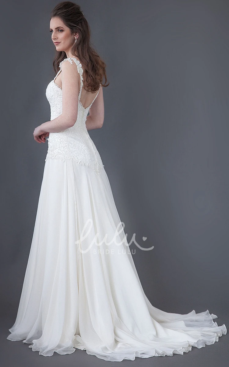 A-Line Lace&Chiffon Wedding Dress with Spaghetti Pleated Sleeveless Low-V Back Brush Train