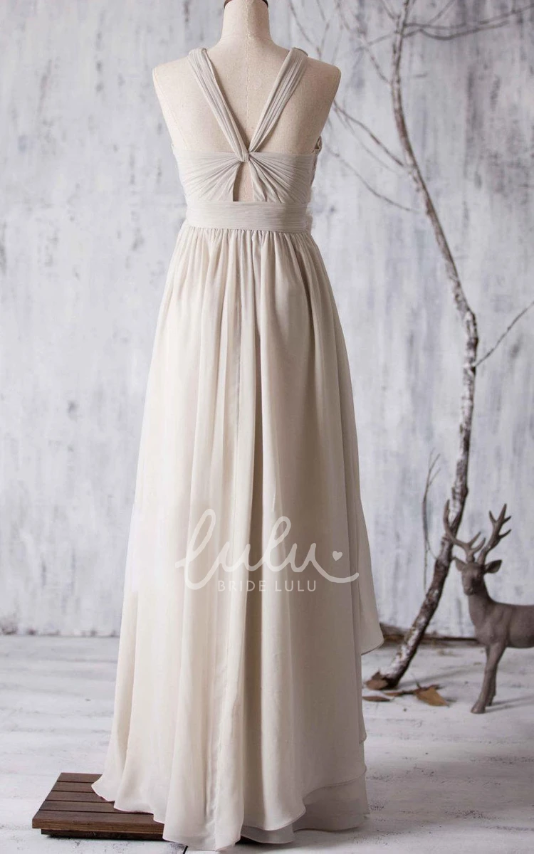 V-Back Pleated Chiffon Long Dress with Criss Cross Top