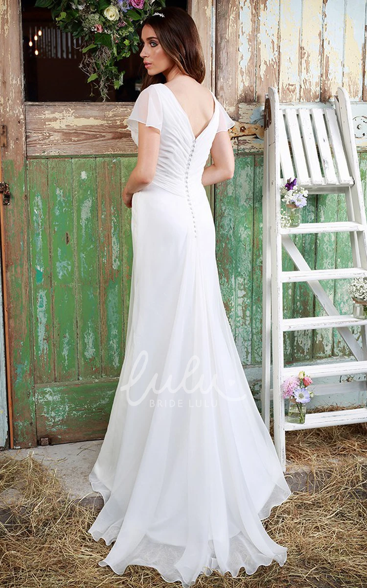 Criss Cross Chiffon Wedding Dress Sheath V-Neck Poet Sleeves