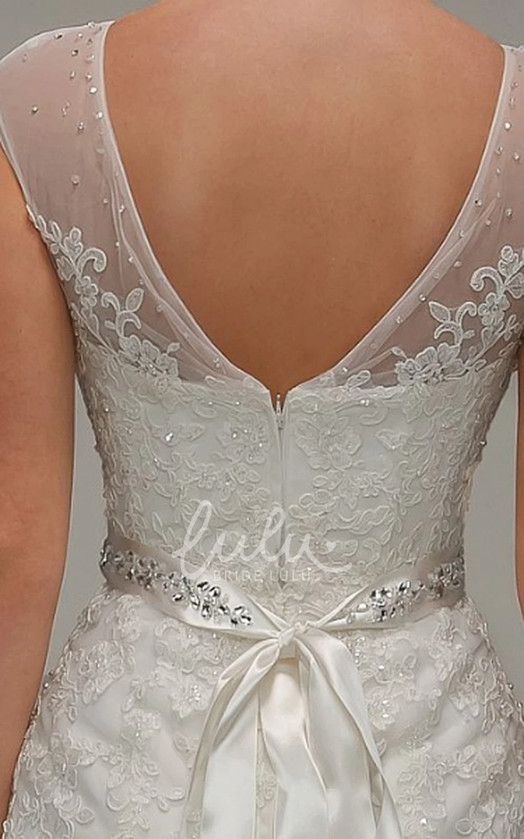 Cap-Sleeve Scoop-Neck Lace Wedding Dress with Jeweled Bow Unique Bridal Gown
