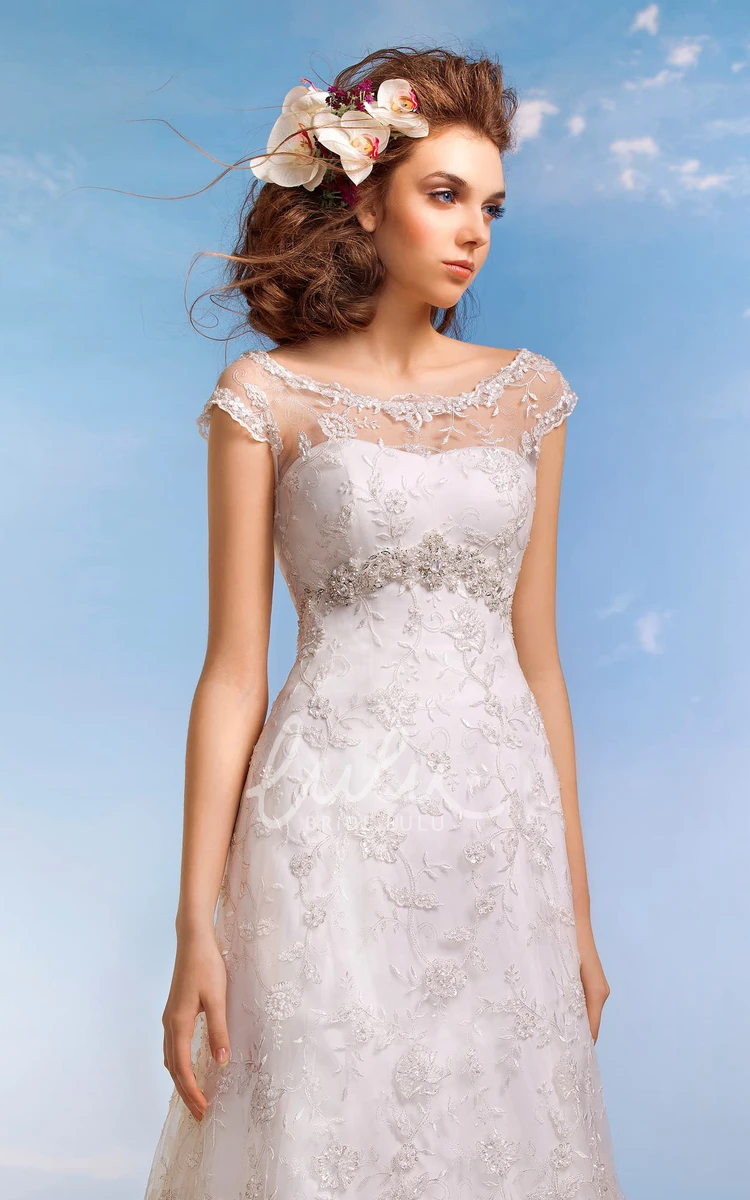 Empire Scoop Cap-Sleeve Lace Wedding Dress with Beading and Appliques