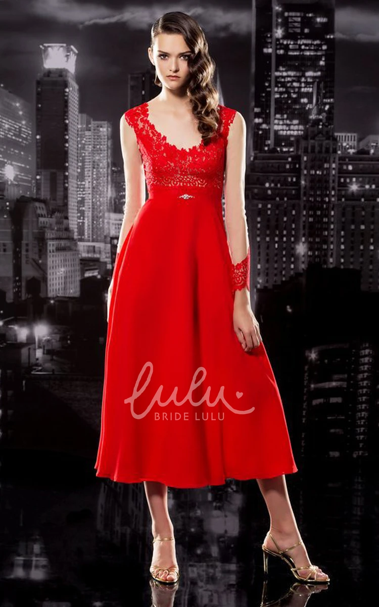 A-Line Tea-Length Chiffon Bridesmaid Dress with V-Neck and Appliques