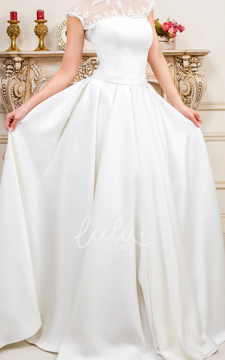 Appliqued Satin High-Neck Wedding Dress Floor-Length Cap-Sleeve