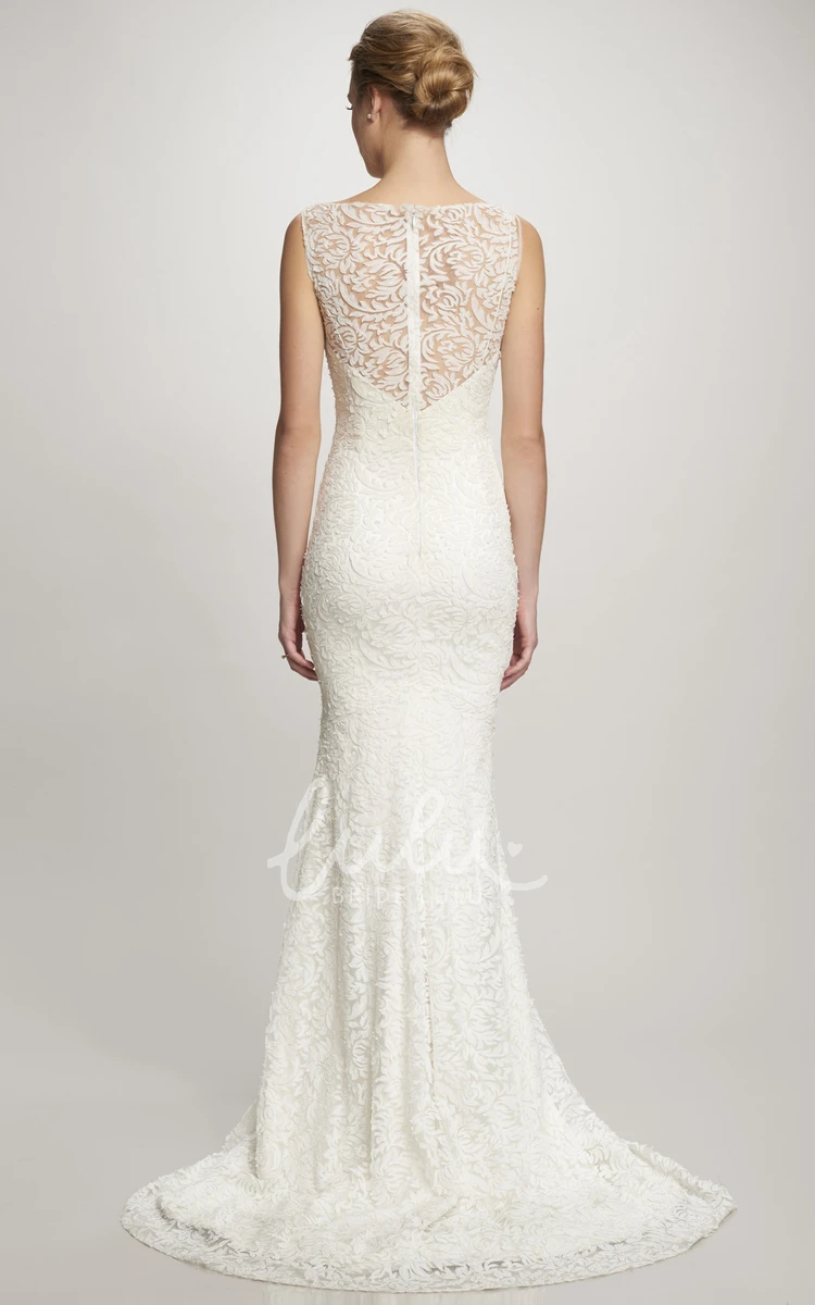 Long Illusion Lace Wedding Dress with Sweep Train Classy Bridal Gown