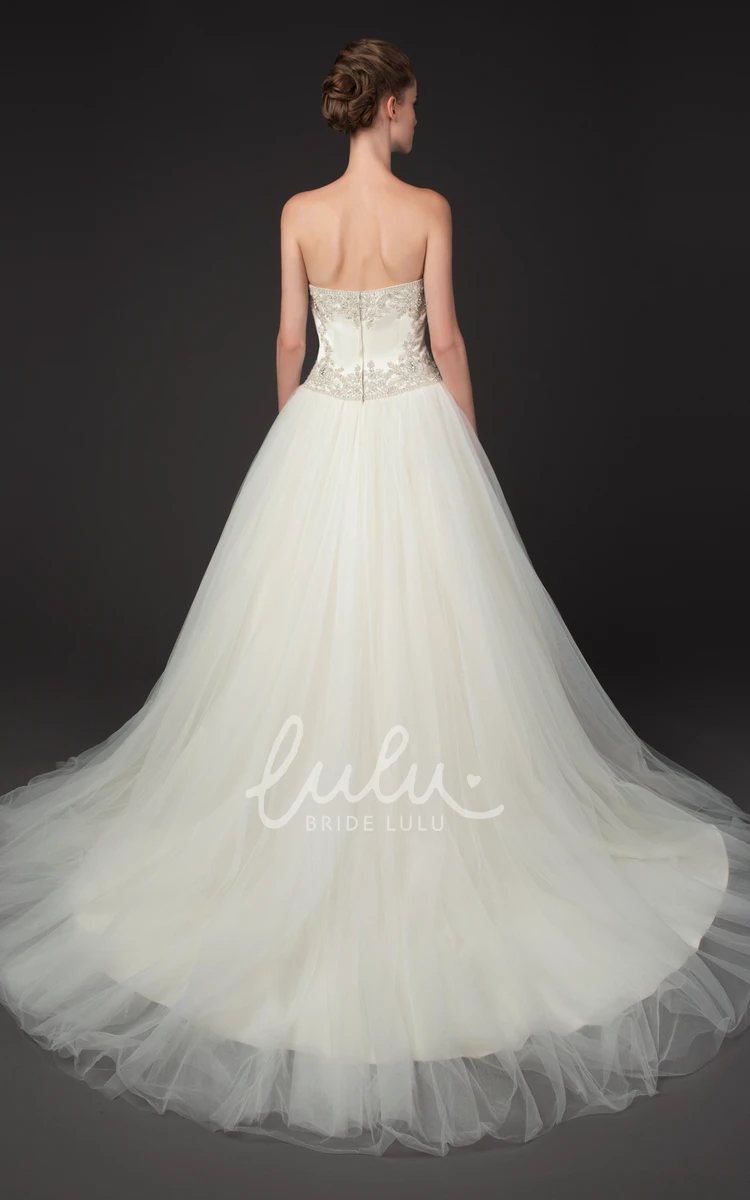 A-Line Beaded Tulle Wedding Dress with Chapel Train Strapless Elegant Bridal Gown