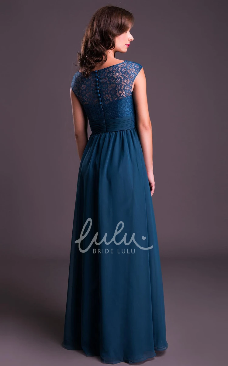 Lace Chiffon Cap-Sleeve Prom Dress Sheath Long With Ruching