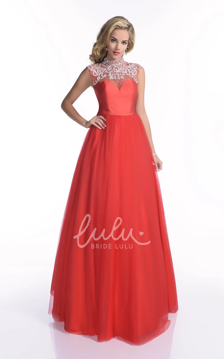 Floor Length Tulle Prom Dress with Jeweled Appliques and Cap Sleeves